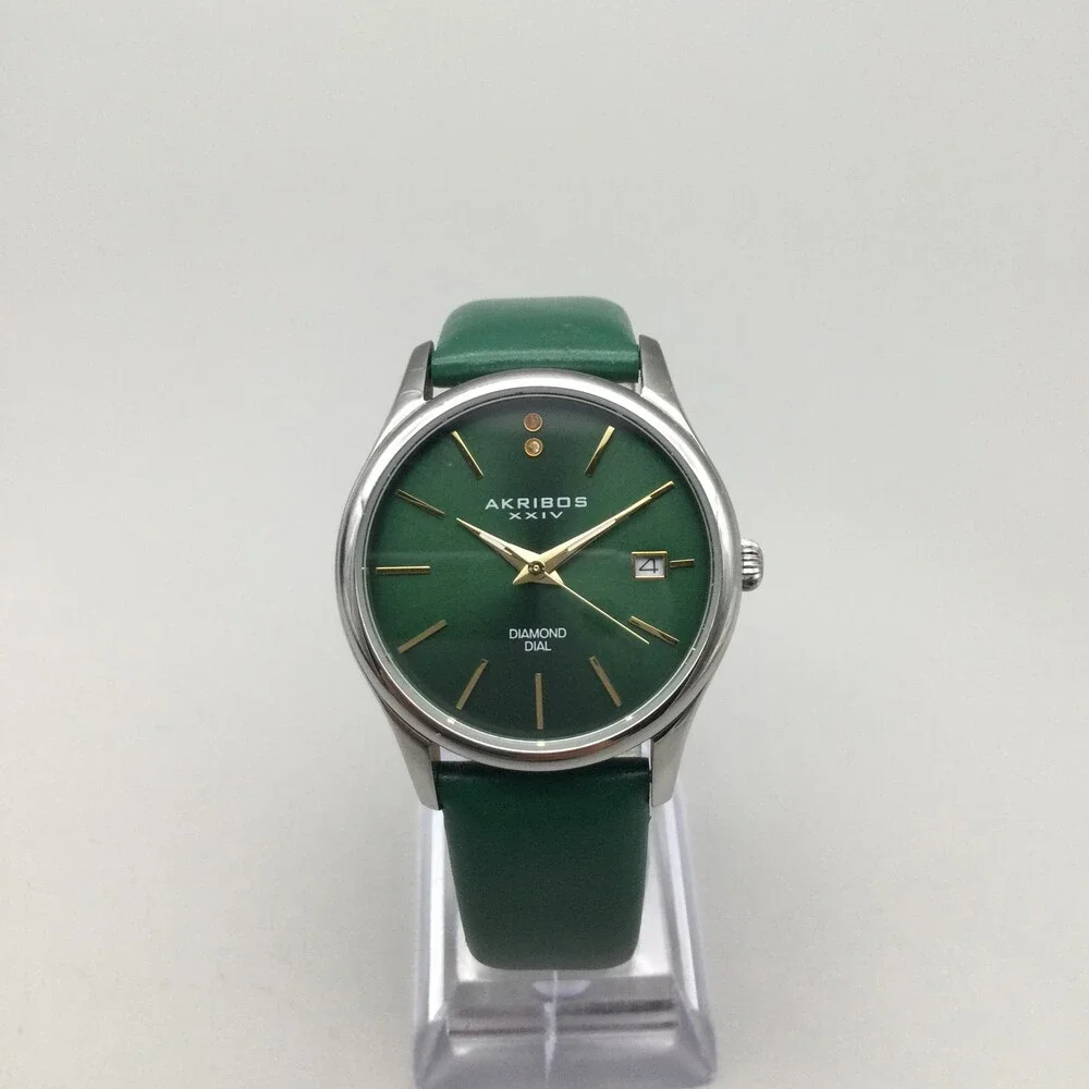 Akribos XXIV Womens Watch 34mm Green Diamond Dial Date Dress New Battery